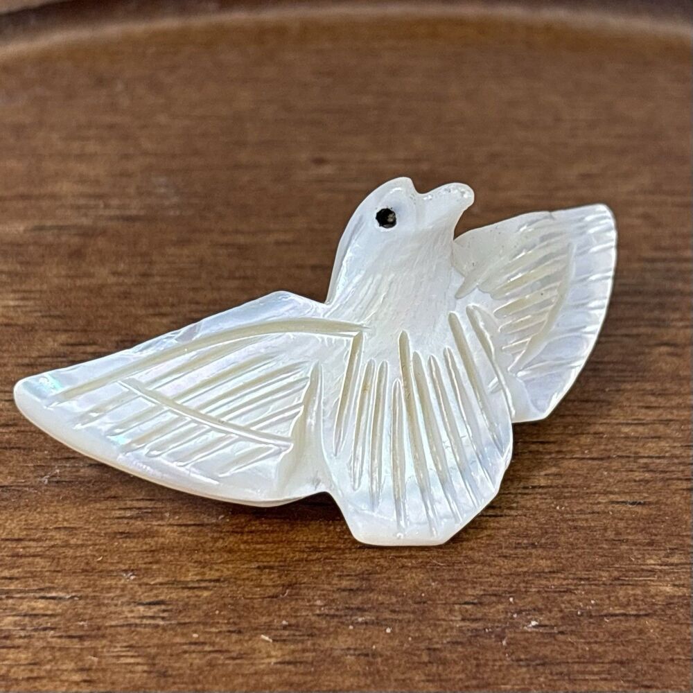 Vintage Signed Bethlehem Carved Mother of Pearl Dove Peace Bird Brooch 1950's